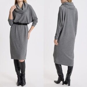 Express NEW Women XL Grey Cowl Neck Ribbed Dolman Sleeve Cozy Midi Sweater Dress